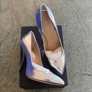 New Brian Atwood Shiny Silver Pointed Heels